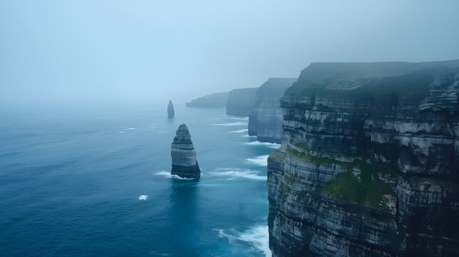 Misty Panoramic View of Dramatic Sea Cliffs and Isolated Ocean Stacks