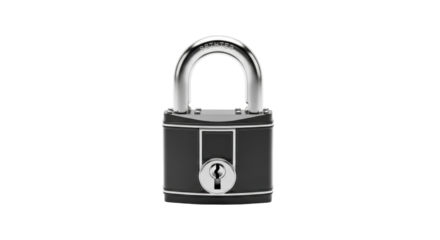 Black padlock with silver shackle isolated PNG, security and protection concept on transparent background for graphic design elements