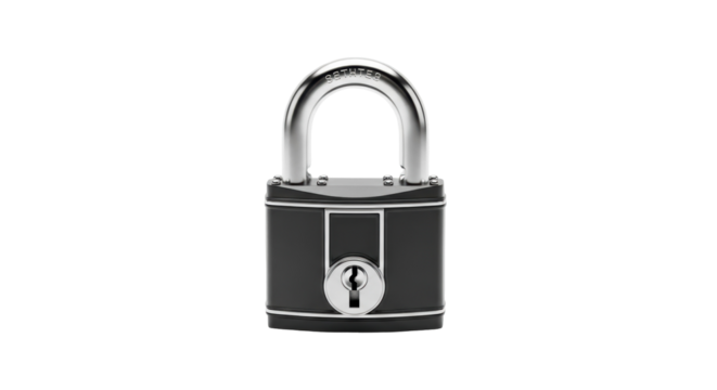 Black padlock with silver shackle isolated PNG, security and protection concept on transparent background for graphic design elements