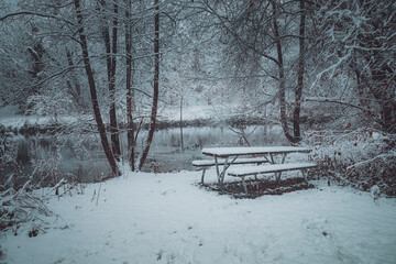 A picturesque winter scene featuring a picnic table completely covered in fresh snow, positioned on a snow-blanketed bank next to a calm lake or pond. The background is dominated by a dense forest wit