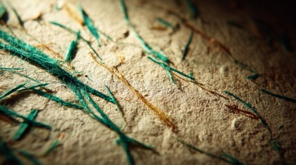 Naklejka premium Textured surface displays green fibers mixed with natural elements, highlighting intricate patterns and organic details in a captivating close-up view