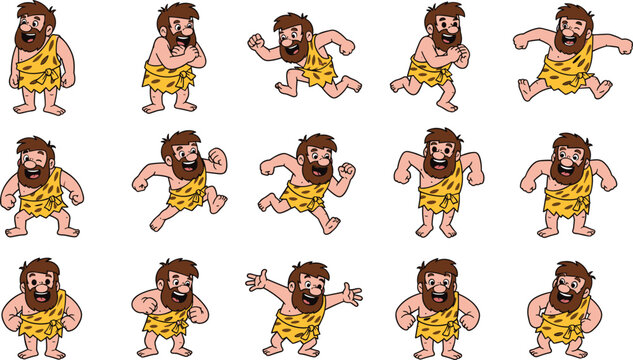 Cartoon caveman character in dynamic poses, expressive prehistoric man actions, beard and tunic design, animation asset, flat vector illustration