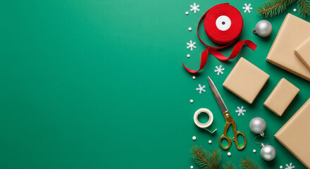 Christmas gift wrapping supplies including ribbon scissors tape and boxed presents arranged along the right side on green background for festive crafting and holiday layout concepts