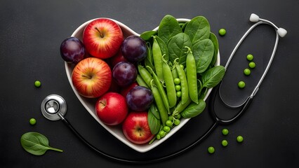 Heart shaped bowl with fruits and vegetables for healthy living