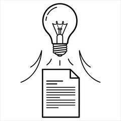 Idea lightbulb illuminates document representing creativity & innovation isolated on white background, Vector