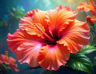 Close-up of a large, vibrant orange hibiscus flower with intricate petals and a bright yellow stamen in a lush garden
