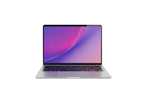 Modern silver laptop with a vibrant pink and purple abstract digital display screen and backlit keyboard isolated on a black background showcasing technology and innovation