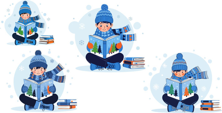 Children reading winter stories with snow falling around them in a cozy atmosphere
