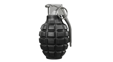 Black hand grenade isolated PNG on transparent background, explosive weapon for military and war themes