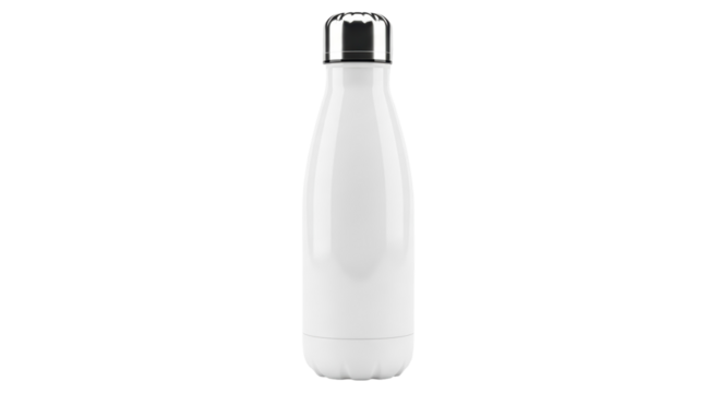 White stainless steel bottle isolated PNG on transparent background, reusable container for water or other liquids, eco-friendly lifestyle