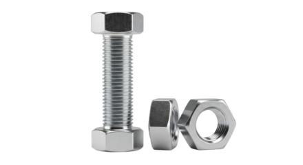 Metal bolt and nuts isolated PNG, fasteners for construction and mechanical engineering on transparent background