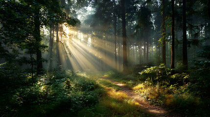 Fototapeta premium Gentle sunlight filtering through leaves creating calm and introspective forest mood