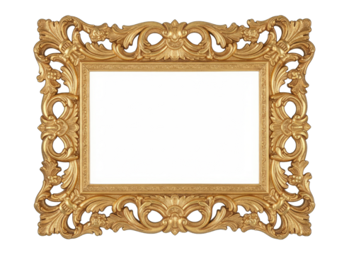 Ornate Gilded Rectangular Picture Frame with Intricate Scrollwork and Acanthus Leaf Motifs Isolated on a Black Background Detailed and Lavish Decorative Border for Artwork or Mirrors Studio Shot