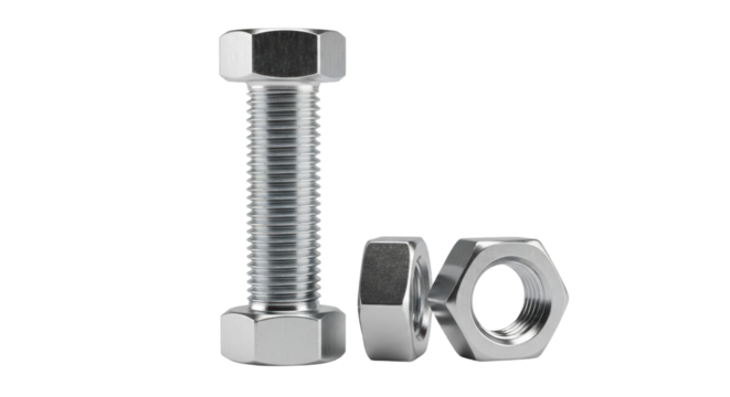 Metal bolt and nuts isolated PNG, fasteners for construction and mechanical engineering on transparent background - Powered by Adobe