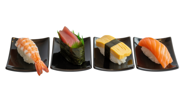 Assorted nigiri sushi on modern black dishes, perfect for restaurant promotions