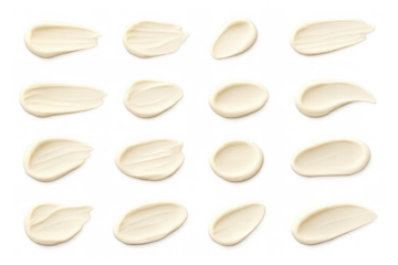 Cosmetic cream swatches set with various textures, representing beauty skincare products on transparent background