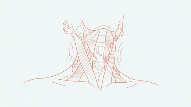 Anatomical illustration of human neck muscles and upper torso in a light pink outline style