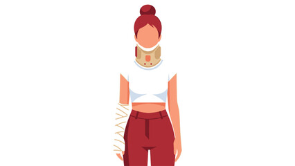 Vector illustration of a woman wearing a neck brace and bandaged arm, depicting injury and recovery