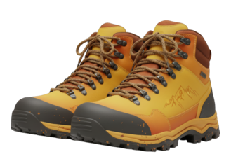 Pair of Detailed Textured Yellow and Orange Hiking Boots with Black Soles and Orange Laces Set Against a Transparent Background Rendered in 3D