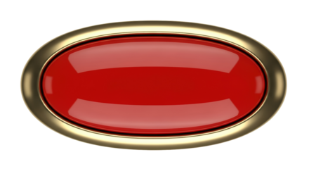 Red oval button with golden frame isolated PNG, glossy push button for game design and user interface elements on transparent background