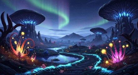 Fantasy Alien Forest with Glowing Flora and Northern Lights