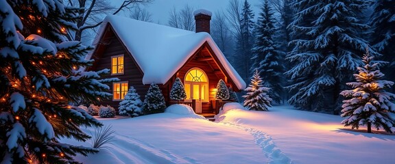 Cozy snow-covered cottage, glowing windows, decorated evergreen trees,  picturesque,  glow
