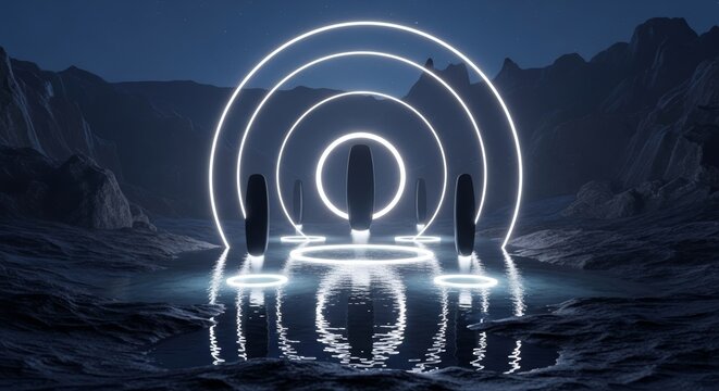 Glowing Monoliths with Circular Light Arcs over Reflective Water at Night - Powered by Adobe