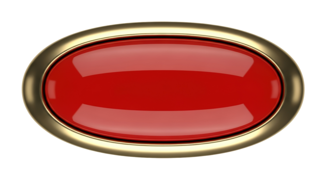 Red oval button with golden frame isolated PNG, glossy push button for game design and user interface elements on transparent background