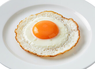 Perfectly Fried Egg with Golden Yolk and Crispy White Edges on a White Plate Isolated on a White Background with Soft Studio Lighting