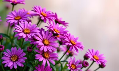 Fototapeta premium Vibrant purple chrysanthemum flowers in full bloom against a soft natural background, garden, nature