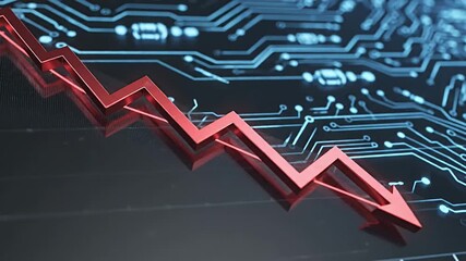 Abstract red arrow charting a severe downward trend on a technologically advanced circuit board background symbolizing market crash economic decline and digital - Powered by Adobe