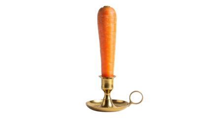 Humorous carrot in a golden candlestick isolated PNG, creative food concept for healthy eating and vegetarian lifestyle