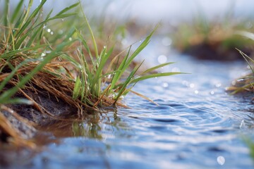 Naklejka premium Close up of water pooling over grass and soil in early morning light, showcasing the beauty of nature and the tranquility of a fresh start