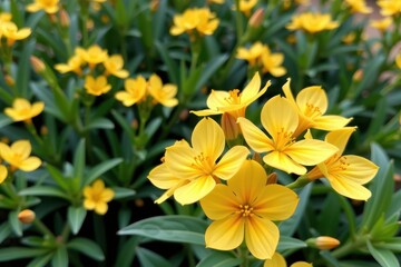 Fototapeta premium Vibrant yellow flower blossoms against a lush green backdrop, showcasing delicate petals and vibrant color contrast. A perfect symbol of spring and nature's be, bright, growth, freshness