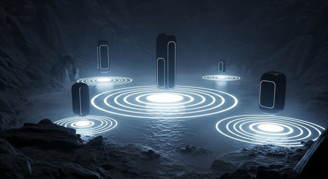 Futuristic Monoliths Hovering Above Glowing Circles in Dark Cavern - Powered by Adobe