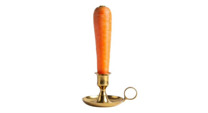 Humorous carrot in a golden candlestick isolated PNG, creative food concept for healthy eating and vegetarian lifestyle