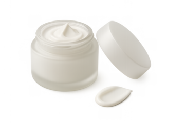 Skincare cream in a white jar and a sample swirl, representing beauty and hydration concepts on a transparent background