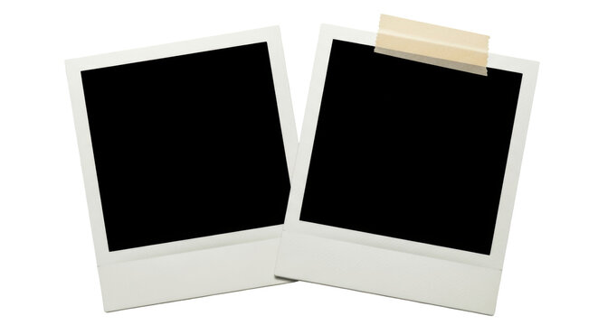 Two blank instant photo frames PNG isolated, retro style picture templates with adhesive tape for memories and creative projects