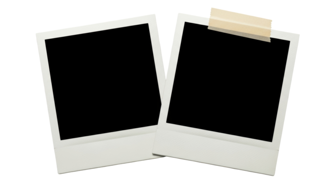 Two blank instant photo frames PNG isolated, retro style picture templates with adhesive tape for memories and creative projects