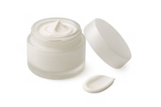 Skincare cream in a white jar and a sample swirl, representing beauty and hydration concepts on a transparent background