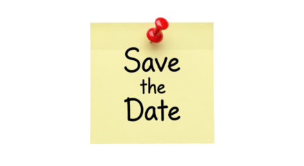 Yellow sticky note with red push pin isolated PNG, save the date message for reminders and announcements on transparent background