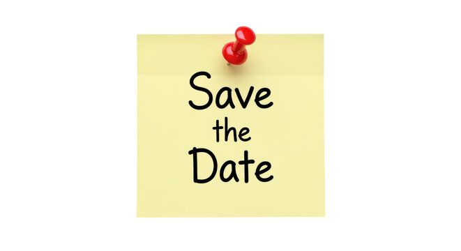 Yellow sticky note with red push pin isolated PNG, save the date message for reminders and announcements on transparent background - Powered by Adobe