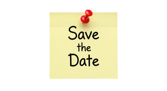 Yellow sticky note with red push pin isolated PNG, save the date message for reminders and announcements on transparent background