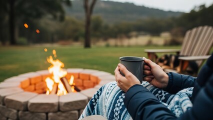 Woman enjoying warm drink by the fire pit relaxation outdoor leisure cozy evening retreat
