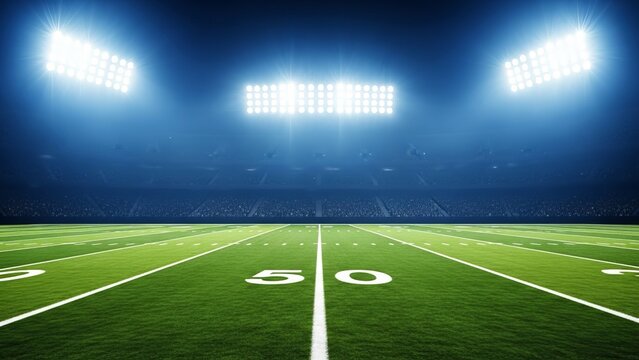 Football stadium under bright lights illuminated playing field sport arena competition turf view