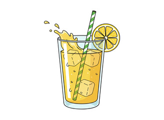 Pixel Art Refreshing Yellow Drink with Ice Cubes Lemon Slice and Green Straw Splash Detail Isolated on Transparent Background