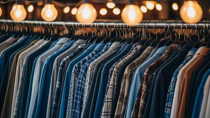 Variety of men's shirts hanging in a retail clothing store with vintage light bulbs