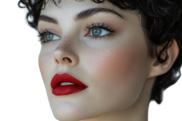 Beautiful woman with red lipstick, light skin, freckles and curly dark hair looks at the camera on a white background for beauty and cosmetic industries