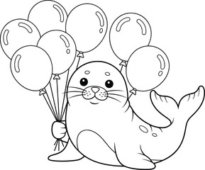 Cartoon seal holding colorful balloons with cheerful smile and playful pose for children’s themes, flat vector illustration