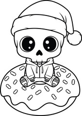 Cartoon skeleton with Santa hat sitting on sprinkled donut in festive pose, whimsical holiday theme, flat vector illustration